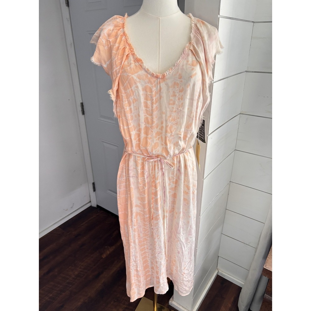 Raquel Allegra Dress Womens 2 Orange Tie Dye Silk Ruffle Flutter Belted Midi